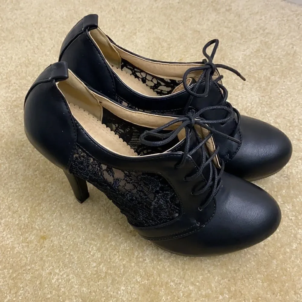 Women’s Black High Heel Booties with Lace Detail EU Size 38 US 7/7.5 NEW